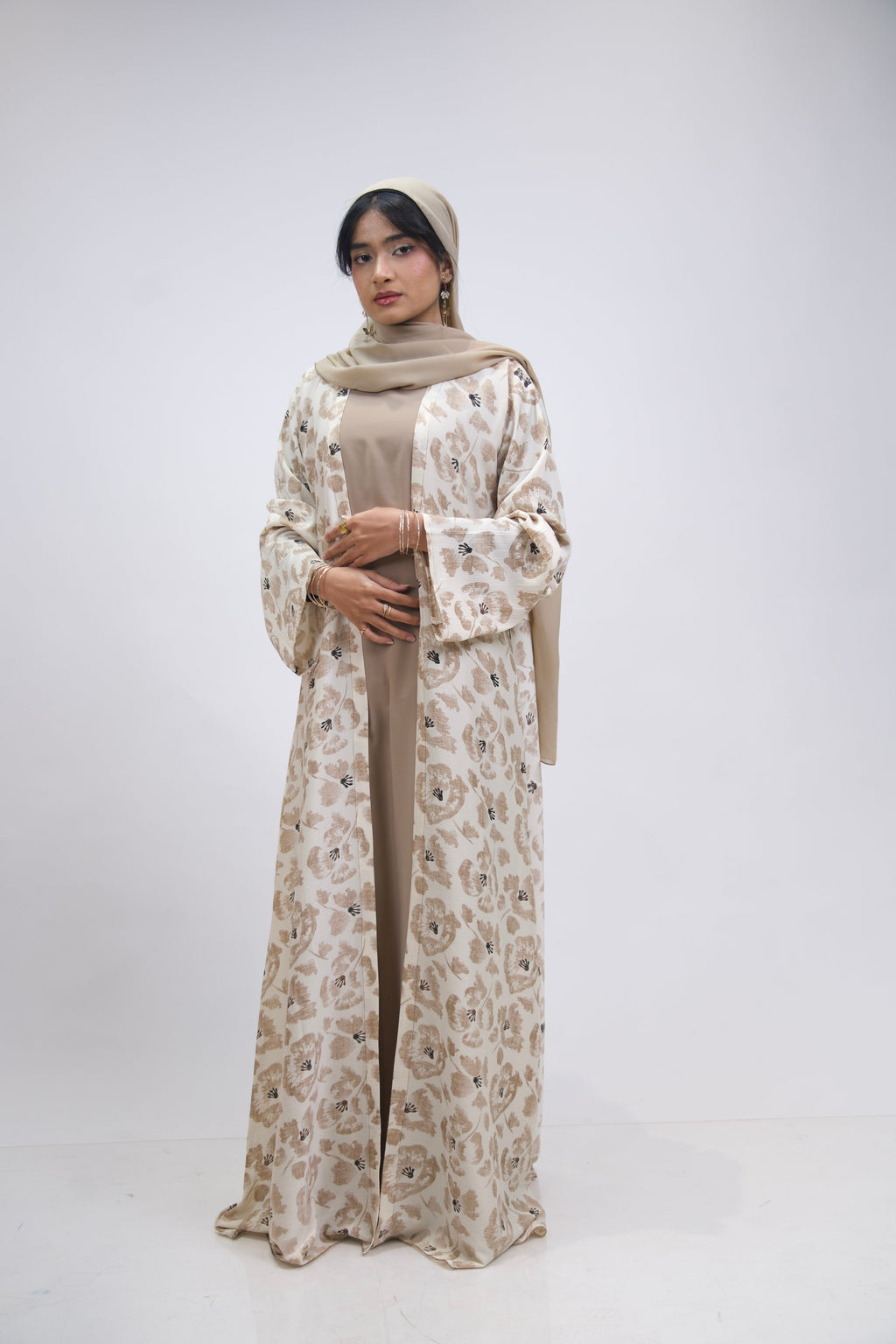 FLORAL PRINTED ABAYAH - BEIGE